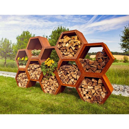 Sichtschutzwände und Paravents Holzregal Holzstapel Holzlege Holzbeige -Wabe- 6-eckig geschlossen als Sichtschutz verbaubar Edel