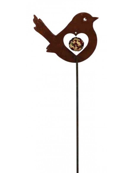 Vögelchen mit Herz für Meisenknödel als Gartenstecker 
Höhe 20 cm
Breite 26 cm
Stablänge 120 cm