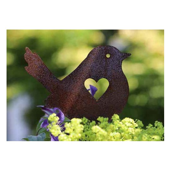 Vögelchen mit Herzausschnitt als Blumengesteck aus Edelrost Metall und kein Edelstahl