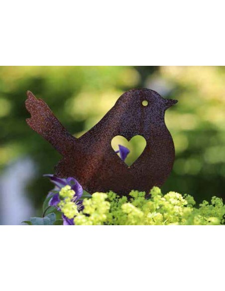 Vögelchen mit Herzausschnitt als Blumengesteck aus Edelrost Metall und kein Edelstahl