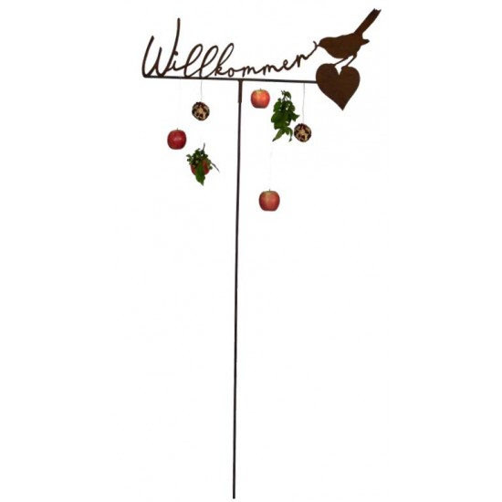 Frecher Vogel mit - Willkommen 
Breite 75 cm
mit Hülse für 8 mm Stab