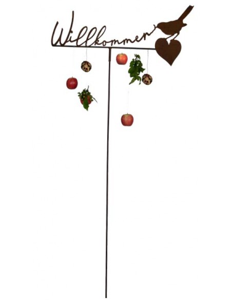 Frecher Vogel mit - Willkommen 
Breite 75 cm
mit Hülse für 8 mm Stab