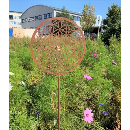 Gartenstecker Blume des Lebens - Skulptur aus Edelrost Dekoration