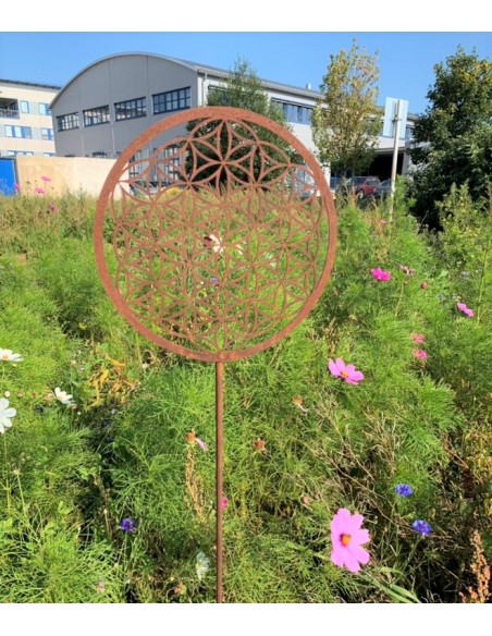 Gartenstecker Blume des Lebens - Skulptur aus Edelrost Dekoration