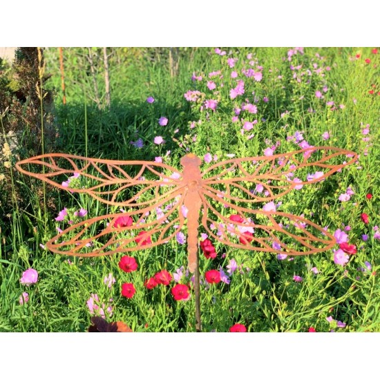 Tierstecker Edelrost Libelle - Dragonfly - mit Auschnitten Gartenstecker Blüten