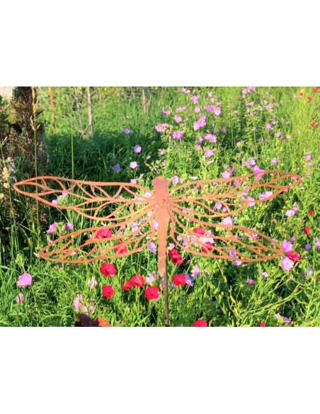 Tierstecker Edelrost Libelle - Dragonfly - mit Auschnitten Gartenstecker Blüten
