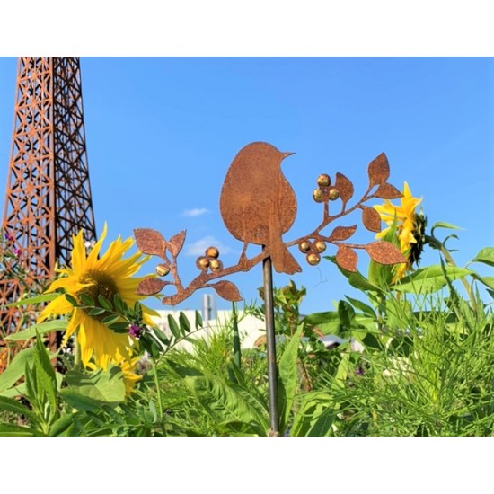 Gartenstecker Vogelstecker vor dem Eiffelturm mit Sonnenblumen - Edelrost Deko - kein Cortenstahl
