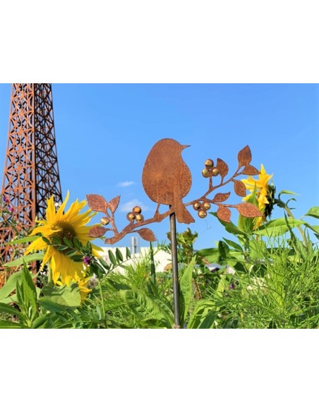 Gartenstecker Vogelstecker vor dem Eiffelturm mit Sonnenblumen - Edelrost Deko - kein Cortenstahl