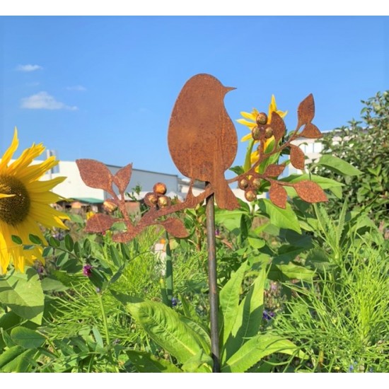 Gartenstecker Vogel auf Ast sitzend Goldpunkte - Sonnenblumen - Blumenwiese