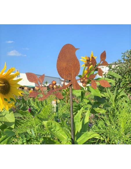 Gartenstecker Vogel auf Ast sitzend Goldpunkte - Sonnenblumen - Blumenwiese
