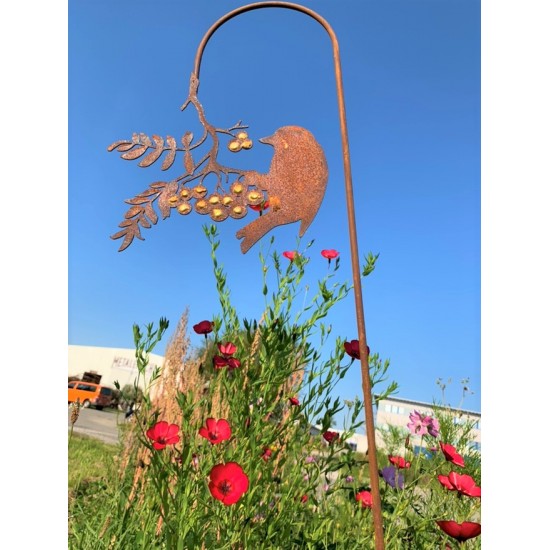 Gartendeko Naturdeko Gartenstecker Vogel auf Ast mit Goldpunkten als Verzierung