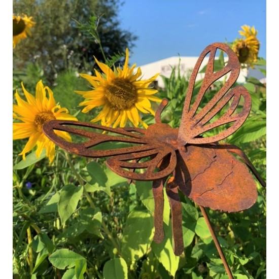 Hummel fliegend als Gartenstecker Sonnenblumen - Edelrost