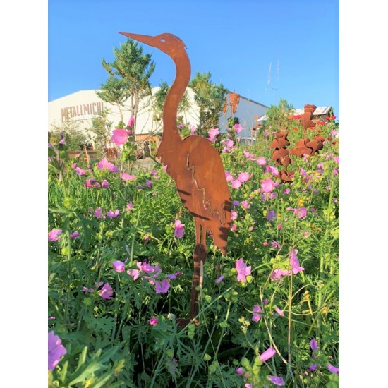 Stehender Reiher im Blumenbeet vor der Blüte