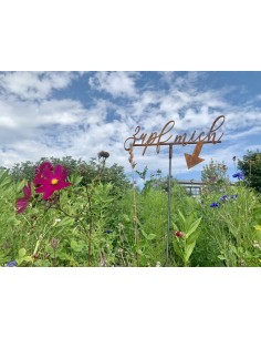 Gartenstecker Schriftzug - Zupf mich - mit Hülse - Höhe 25 cm Deko für Blumenwiese "Zupf mich" mit Hülse für Eisenstangen oder H 2