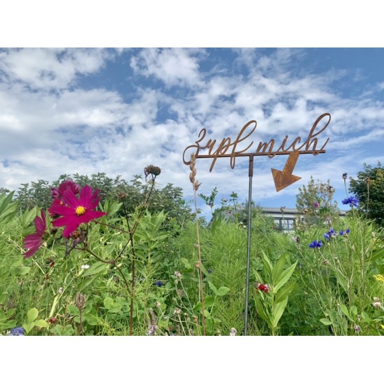 Gartenstecker Schriftzug - Zupf mich - mit Hülse - Höhe 25 cm Deko für Blumenwiese "Zupf mich" mit Hülse für Eisenstangen oder H