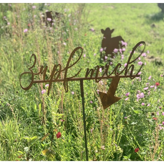 Gartenstecker Schriftzug - Zupf mich - mit Hülse - Höhe 25 cm Deko für Blumenwiese "Zupf mich" mit Hülse für Eisenstangen oder H