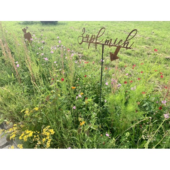 Gartenstecker Schriftzug - Zupf mich - mit Hülse - Höhe 25 cm Deko für Blumenwiese "Zupf mich" mit Hülse für Eisenstangen oder H