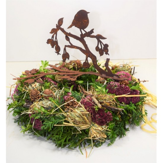 ausgefallene Tischdekoration  Edelrost Vogel auf Ast mit Hagebutten, für Glasschalen , Höhe 17 cm, Länge 29 cm Der Edelrost Deko