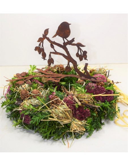 ausgefallene Tischdekoration  Edelrost Vogel auf Ast mit Hagebutten, für Glasschalen , Höhe 17 cm, Länge 29 cm Der Edelrost Deko