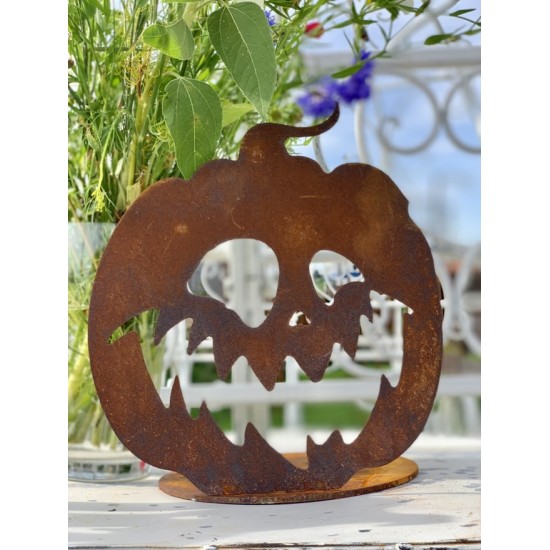 Herbstdeko Halloween Kürbis - A 21x21 cm Kürbiskopf aus Edelrost auf einer Standplatte zum beschmücken für Deine Herbstdeko. Die
