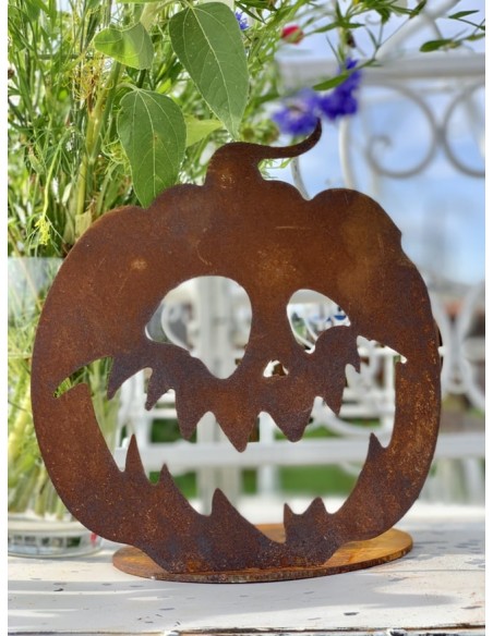 Herbstdeko Halloween Kürbis - A 21x21 cm Kürbiskopf aus Edelrost auf einer Standplatte zum beschmücken für Deine Herbstdeko. Die