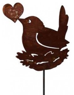 Vogel Deko Vogel im Nest mit Herz im Schnabel als Gartenstecker - groß 
Höhe 30 cm
Breite 30 cm
Stablänge 120 cm