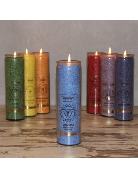 Glück CHAKRA Kerze im Glas hellblau - Verstehen - ca. 20 cm Diese Charka Kerze steht unter anderem für Ausdrucksfähigkeit, Kreat