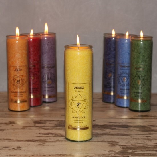 Glück CHAKRA Kerze im Glas gelb - Schutz - ca. 20 cm Diese gelbe Charkra Kerze, auch Nabelchakra genannt hat unter anderem die B