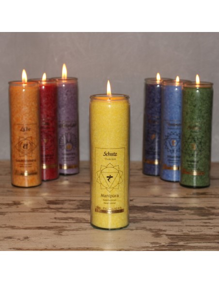 Glück CHAKRA Kerze im Glas gelb - Schutz - ca. 20 cm Diese gelbe Charkra Kerze, auch Nabelchakra genannt hat unter anderem die B
