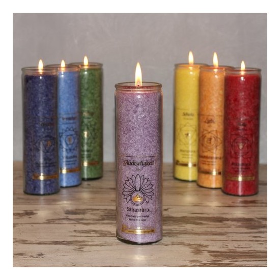 Start CHAKRA Kerze Glückseligkeit - Violett - groß ca. 20 cm - Kerze im Glas - Palm Light 