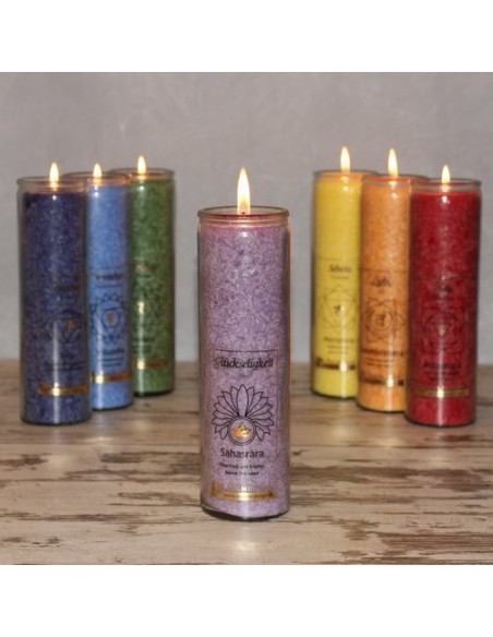 Start CHAKRA Kerze Glückseligkeit - Violett - groß ca. 20 cm - Kerze im Glas - Palm Light 
