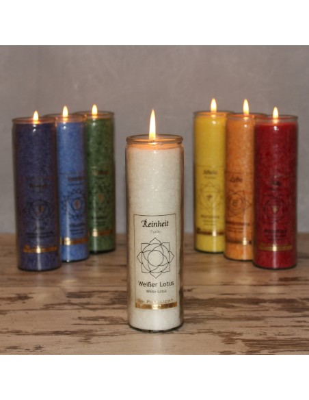 Glück CHAKRA Kerze Reinheit - Weiß - groß ca. 20 cm - Kerze im Glas - Palm Light Die weiße CHAKRA Kerze hat eine weiße Lotusblum