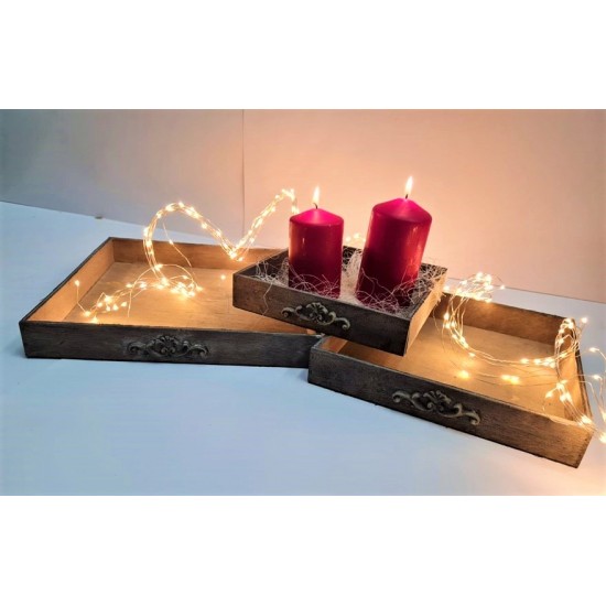 Holzdeko Deko Holztablett 3 teilig - Baron Grau - 30/25/20 cm lang 3-teiliges Holztablett mit Ornament Motiv an den Vorderseiten