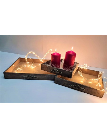 Holzdeko Deko Holztablett 3 teilig - Baron Grau - 30/25/20 cm lang 3-teiliges Holztablett mit Ornament Motiv an den Vorderseiten