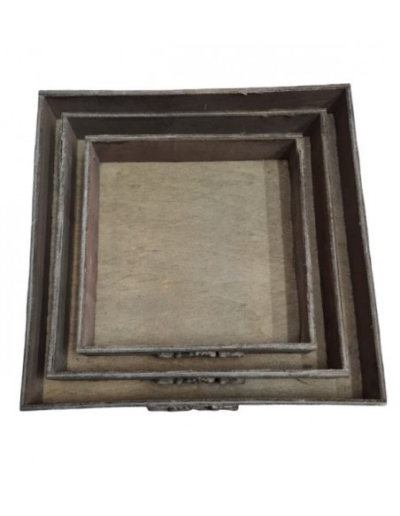 Holzdeko Deko Holztablett 3 teilig - Baron Grau - 30/25/20 cm lang 3-teiliges Holztablett mit Ornament Motiv an den Vorderseiten