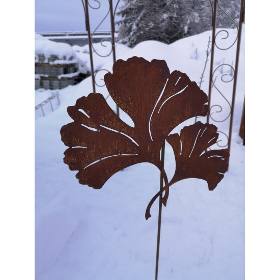 Gartenstecker Ginkgo Gartenstecker 2 Blätter - Höhe 44 cm 2 Gingkoblätter an Stab zum Stecken für Deine Gartendeko aus Edelrost.