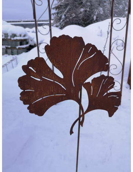 Gartenstecker Ginkgo Gartenstecker 2 Blätter - Höhe 44 cm 2 Gingkoblätter an Stab zum Stecken für Deine Gartendeko aus Edelrost.