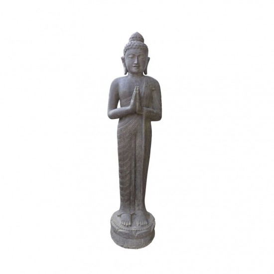Stein mit Rostoptik / Steinguss Indische Buddha Steinfigur - 158 cm hoch - stehend mit betenden Händen 
Höhe 158 cm
Breite 35 