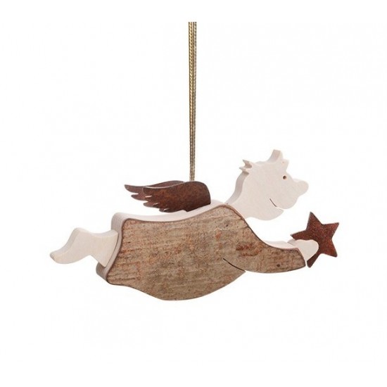 Weihnachtsdeko Holz Himmelsbote Angelo - fliegend mit Stern als Christbaumschmuck - klein - Länge 12 cm Fliegender Himmelsbote a