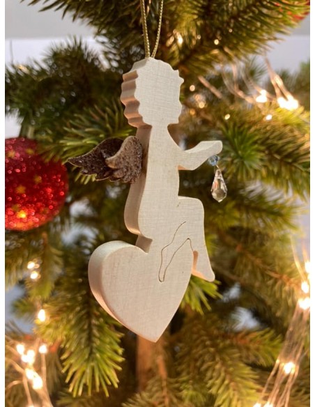 Holz / Rost Kombinationen Engel auf Herz sitzend mit Kristall und Edelrost Flügel - Christbaumschmuck aus Ahornholz - Höhe 9,5 c
