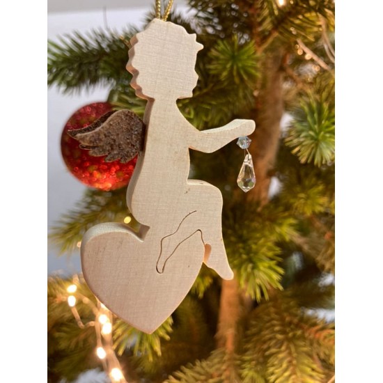 Holz / Rost Kombinationen Engel auf Herz sitzend mit Kristall und Edelrost Flügel - Christbaumschmuck aus Ahornholz - Höhe 9,5 c