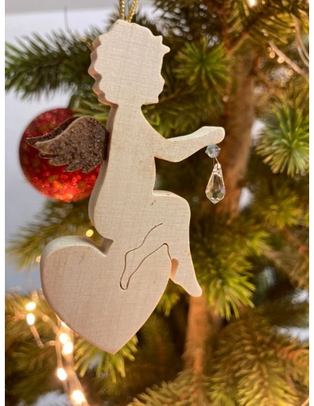 Holz / Rost Kombinationen Engel auf Herz sitzend mit Kristall und Edelrost Flügel - Christbaumschmuck aus Ahornholz - Höhe 9,5 c