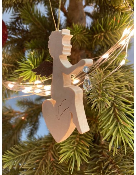 Holz / Rost Kombinationen Engel auf Herz sitzend mit Kristall und Edelrost Flügel - Christbaumschmuck aus Ahornholz - Höhe 9,5 c