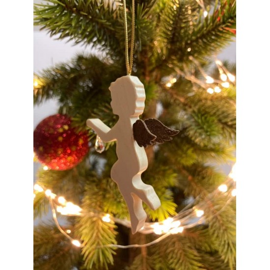 Ahorn Engel mit Rostflügel Fliegender Engel hängt einen Kristall auf - aus Ahornholz mit Edelrost Flügel - Christbaumschmuck zum