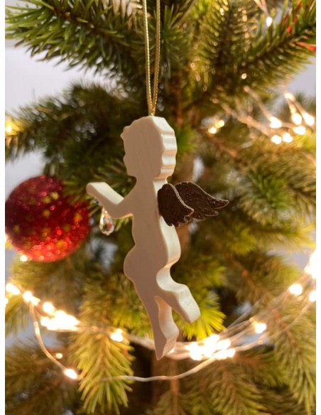 Ahorn Engel mit Rostflügel Fliegender Engel hängt einen Kristall auf - aus Ahornholz mit Edelrost Flügel - Christbaumschmuck zum