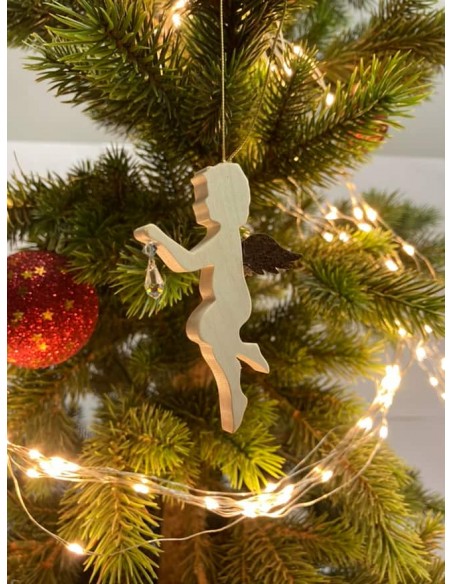Ahorn Engel mit Rostflügel Fliegender Engel hängt einen Kristall auf - aus Ahornholz mit Edelrost Flügel - Christbaumschmuck zum
