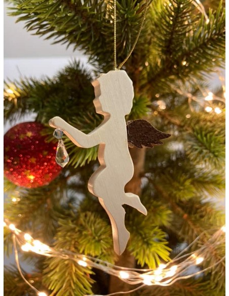 Ahorn Engel mit Rostflügel Fliegender Engel hängt einen Kristall auf - aus Ahornholz mit Edelrost Flügel - Christbaumschmuck zum
