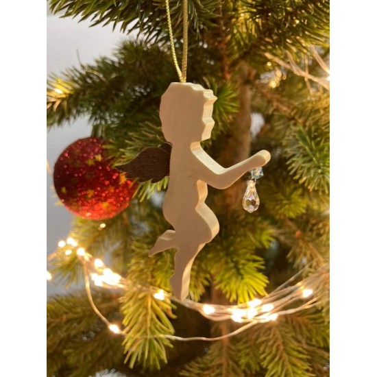 Ahorn Engel mit Rostflügel Fliegender Engel hängt einen Kristall auf - aus Ahornholz mit Edelrost Flügel - Christbaumschmuck zum