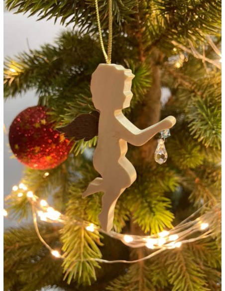 Ahorn Engel mit Rostflügel Fliegender Engel hängt einen Kristall auf - aus Ahornholz mit Edelrost Flügel - Christbaumschmuck zum