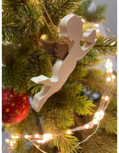 Ahorn Engel mit Rostflügel Engel fliegend mit Herz - Ahornholz und Edelrostflügel - Weihnachtsbaumschmuck zum Hängen - Breite 8 